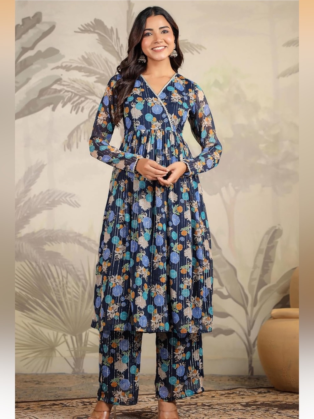 Janasya Navy Blue Embroidered Floral Kurta Pant 2 Piece Set XLarge